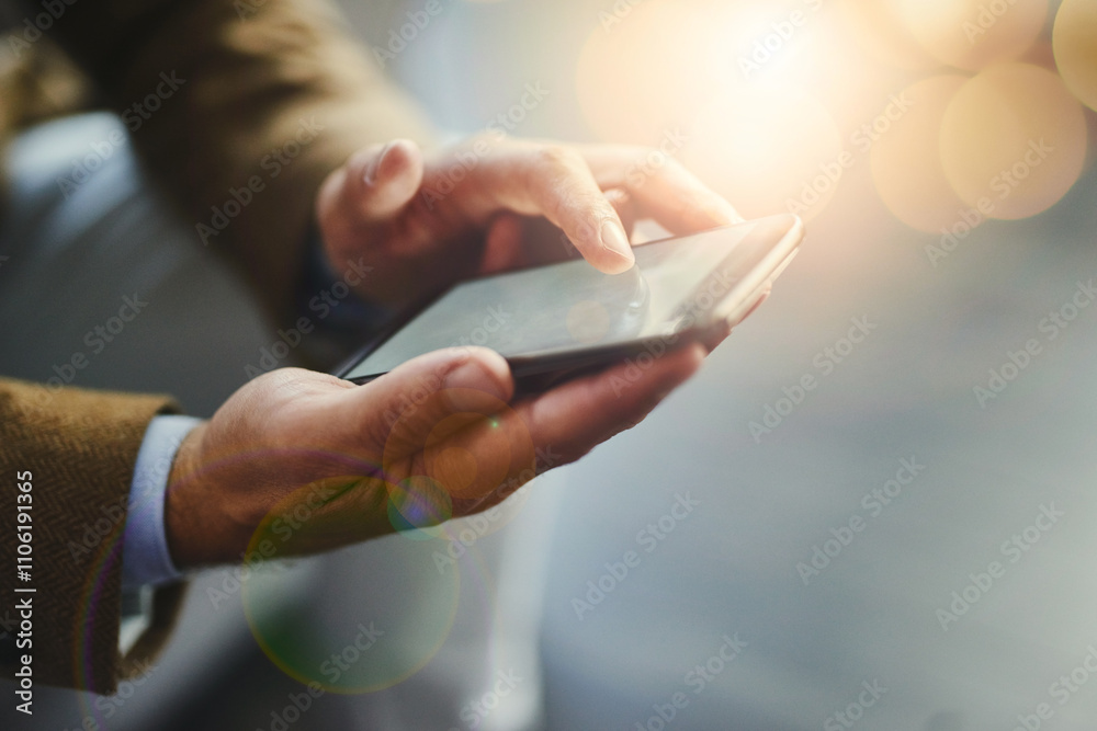 Poster Scroll, hands and phone screen for mobile with connection, communication and internet as ux update. Person, technology and network for social media app, online and web for information as professional