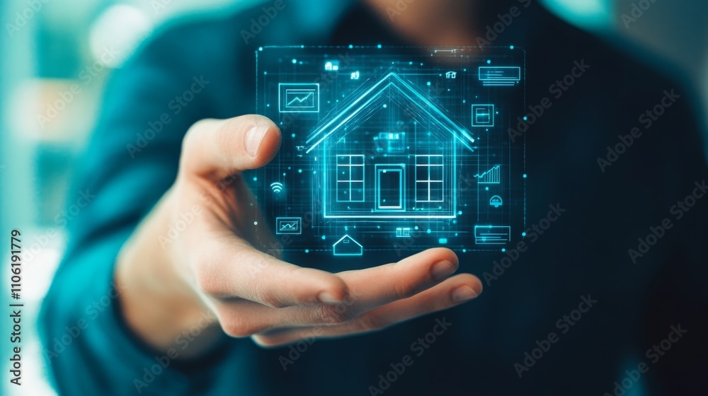 Leinwandbilder a person holds a transparent display featuring a digital house graphic, illustrating advanced techno