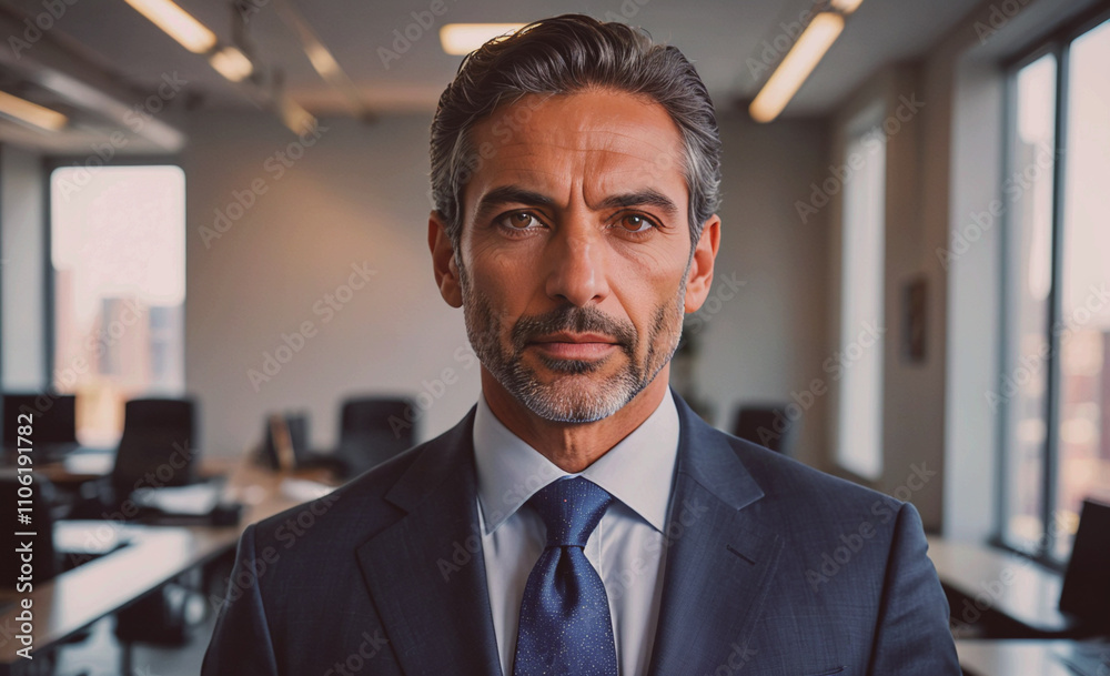 Poster Man wearing a suit and tie is standing in front of a window. He is looking directly at the camera