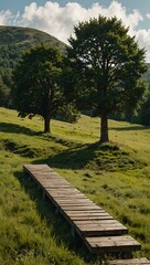 Fototapeta premium Green hills with trees and a platform.