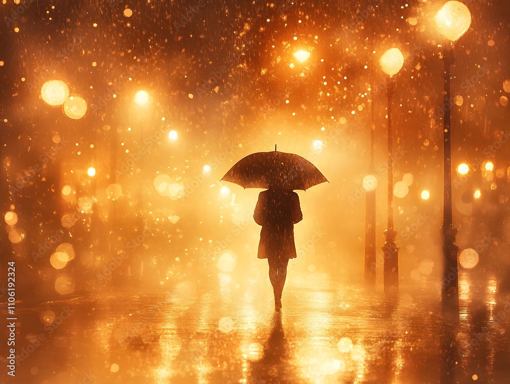 Poster a solitary figure walks under an umbrella on a rainy night, illuminated by glowing streetlights crea