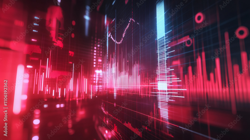 Aufkleber dynamic visualization of financial market data: glowing lines and bars representing stock prices flu