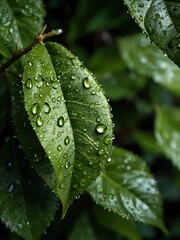 Green leaves with water droplets, representing freshness.