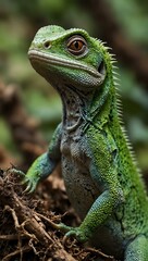 Fototapeta premium Green lizard among plants in Nepal.