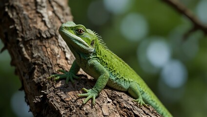 Obraz premium Green lizard on a tree.