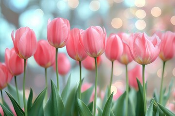 Pink Tulips with Green Stems and Blurry Background
