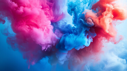 Fototapeta premium A vivid abstract composition of colorful smoke swirls in pink, blue, and orange hues blending seamlessly on a gradient background.