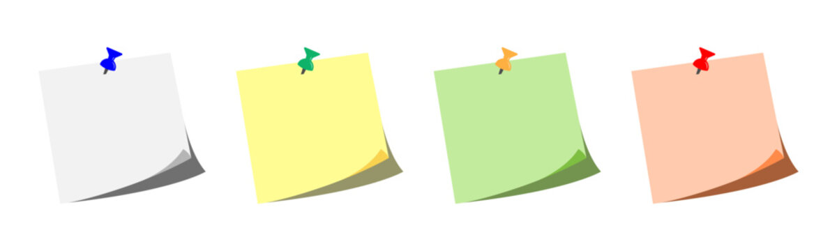 Paper for note with notice board pin. Blank paper for template or elements for Thoughts, Texts, Message, Quotes and Shayari. Paperclip for memo. Color notepaper with paperclip for mockups. Vector
