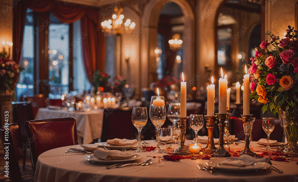 Poster table with a vase of flowers and candles. the table is set for a dinner party
