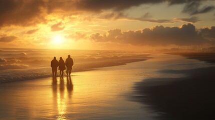 Fototapeta premium Silhouetted family walking on beach at sunset.