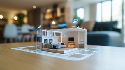 A digital representation of a contemporary living room is displayed, highlighting furniture and layout options for potential buyers. The design illustrates advanced real estate technology in action.