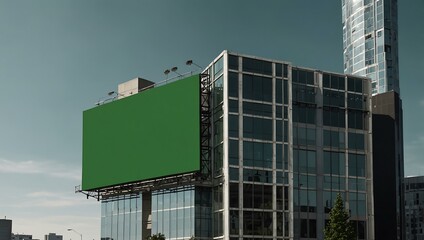 Green screen billboard on a business building in the city.
