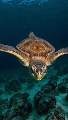 Obraz premium Green sea turtle swimming in the deep ocean.