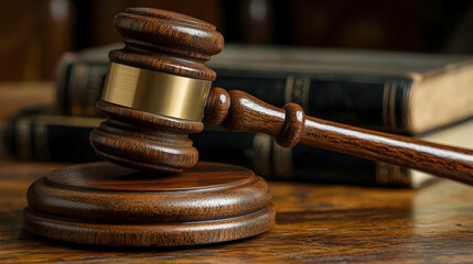 Wooden gavel and books on wooden table, law concept

