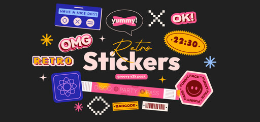 Funky hipster groovy sticker pack with fun typography. Retro Y2K futuristic stickers. Different shape patches, labels, tags, stickers, bracelet stamps in retro style.