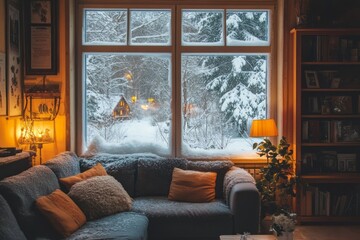 Cozy Winter Scene Viewed From A Snow Covered Window