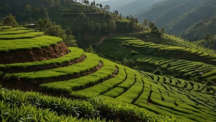 Green tea plantations in terraced rice fields in Asia.