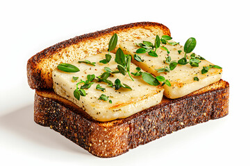 Deliciously Fresh Bread with Savory Cheese and Herbs Topped, Perfect for a Gourmet Sandwich Presentation in Minimalist Style