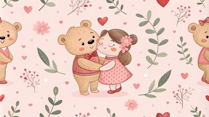cute watercolor romantic seamless pattern with teddy bears, lovers couple for Valentines day. Watercolor illustration on pink background for packaging paper, fabrics, wrapping gifts, scrapbooking 
