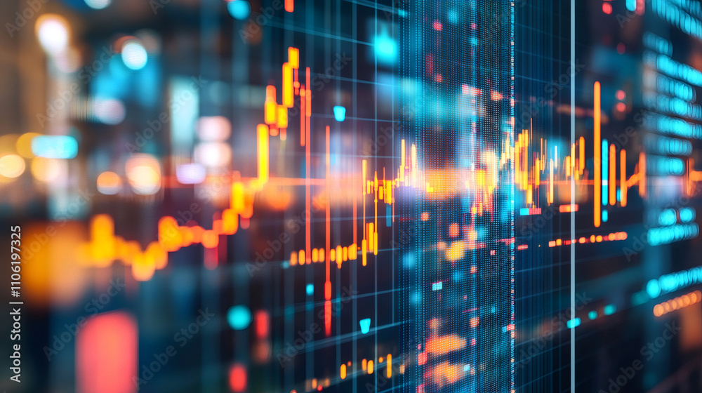 Aufkleber glowing stock market chart on digital display showing rising profits with a defocused city backgroun