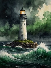 Obraz premium Green watercolor painting of a lighthouse amidst a storm.