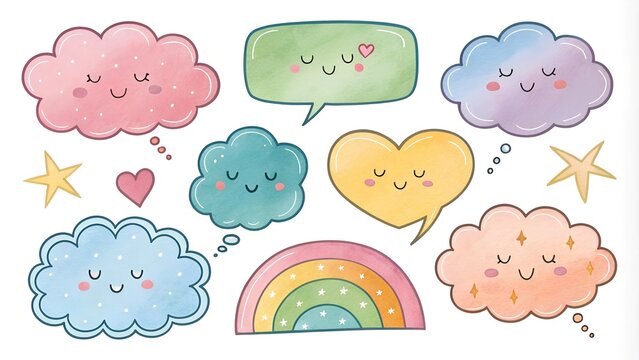 multicolored cute Watercolor speech bubbles, dialog cloud Set. clipart stikers Collection on transparent background. window for thoughts, ideas, conversations for web design, scrapbooking 
