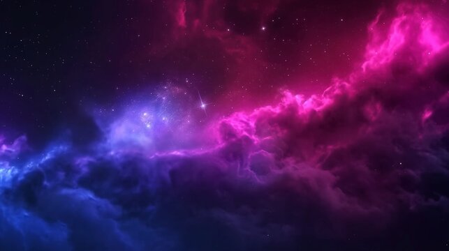 Vibrant purple cloud and sparkling stars in dark cosmos image. Wonderful nebula in outer space photography scene wallpaper. Contemplating universe magic concept photorealistic photo