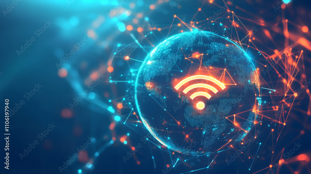 Poster internet technology: global wifi network blankets earth, connecting the world with connectivity