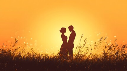 Silhouette Couple Embraces Golden Sunset Meadow