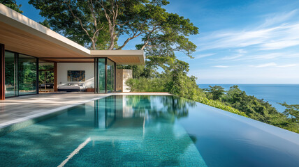 Fototapeta premium Serene Outdoor Beauty: Elegantly Composed House with a Mesmerizing Pool View - Generative Ai