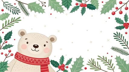 Fototapeta premium Christmas banner template with holly berries, mistletoe, green leaves, cute bear. horizontal new year winter border frame with white copy space background 