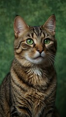 Fototapeta premium Green-eyed tabby cat against a matching green backdrop.