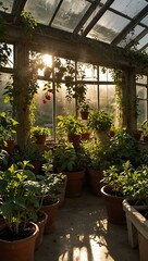 Fototapeta premium Greenhouse with abundant plants and sunlight.