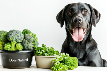 Happy black Labrador retriever sitting next to fresh bowls of broccoli and parsley, promoting...