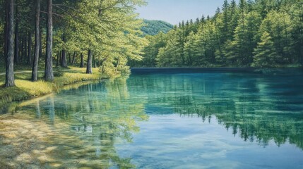 Tranquil Forest Lake Reflecting Lush Green Trees