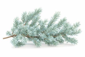 Realistic artificial blue spruce branch with lush green needles and brown stem isolated on a white background ideal for holiday decorations or seasonal arrangements.