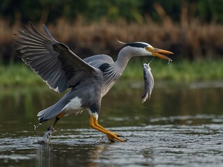 Grey heron hunting a tufted duck in the Netherlands.