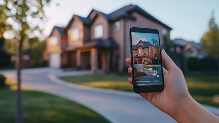Naklejka premium A person holds a smartphone displaying a house while standing in a suburban neighborhood during golden hour. Beautiful properties line the street, showcasing modern architecture and lush greenery.