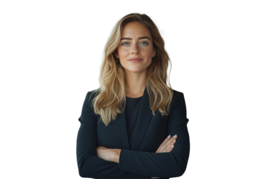 Confident young businesswoman standing with arms crossed against a blank background in a professional setting