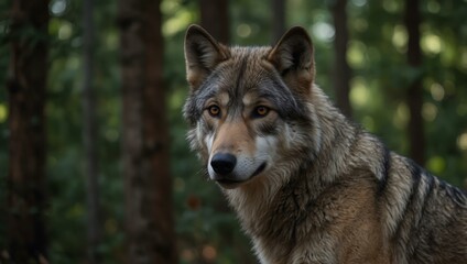 Fototapeta premium Grey wolf portrait in the forest.