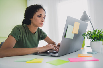 Photo of nice young girl working netbook wear green clothes enjoy modern cozy interior flat home office indoors