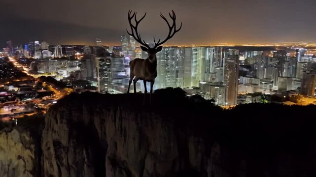 stag standing on a cliff with the beauty of a majestic city background at night, seamless looping 4k video animation background