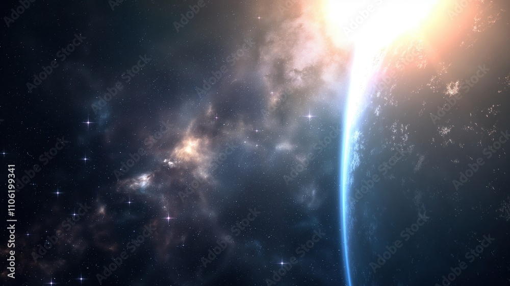 Canvas Prints glowing nebula near planet on dark space image. gas formation with sparks and globe atmosphere photo
