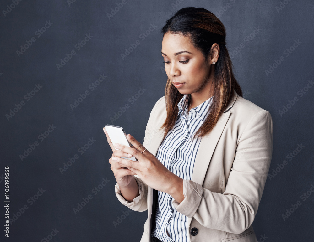 Poster business woman, phone and texting in studio with notification, reading and contact by gray backgroun