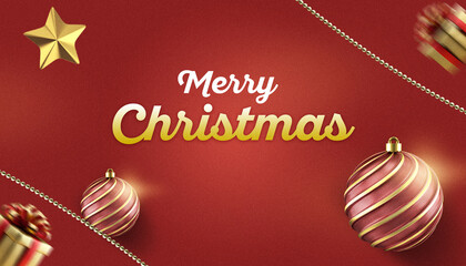 Imagem de Feliz Natal com fundo vermelho vibrante, decorado com estrelas douradas brilhantes, árvores de Natal estilizadas e detalhes festivos. Adicione uma mensagem calorosa de amor e esperança. © Creative Design N.