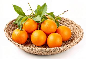 A collection of vibrant fresh oranges with green leaves, resting in a natural woven basket. The image emphasizes freshness, health, and Vitamin C, set against a clean white background.