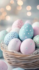 Colorful Easter eggs piled in a basket with a soft pastel background during springtime