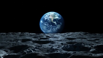 Blue earth globe in darkness view from moon image. Solar system celestial body and asteroid photography scene wallpaper. Discovery cosmos objects concept photorealistic photo