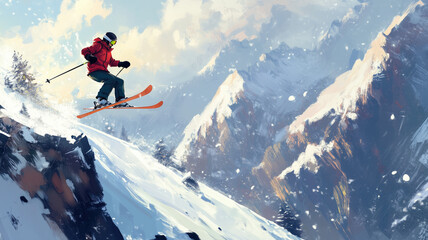 skier jumping in the snow mountains on the slope with his ski and professional equipment on a sunny day. Generative AI
