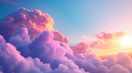 Toned purple soft clouds in clear twilight sky image. Spellbound sunset cloudscape lit by gentle sunshine photography scene wallpaper. Heaven beauty concept photorealistic photo